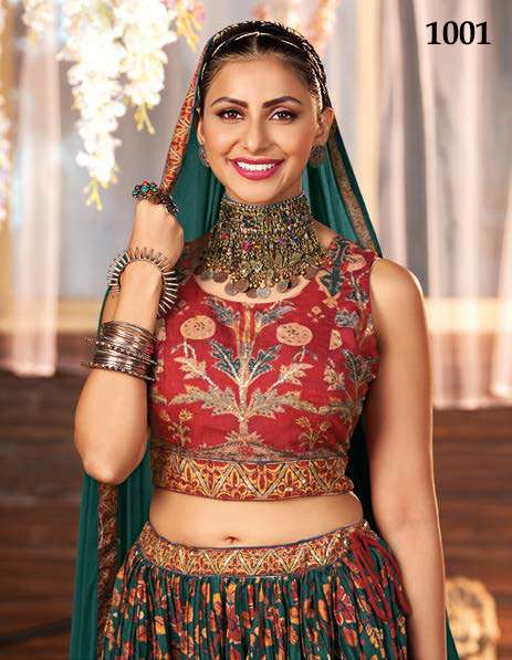 S3 Forever-Dholida-Floral Printe Manipuri Silk Crop Top With Hand Embroidery Work Umbrella Gher Silk Skirt AND Chiffon Dupatta Dupatta-1001-H